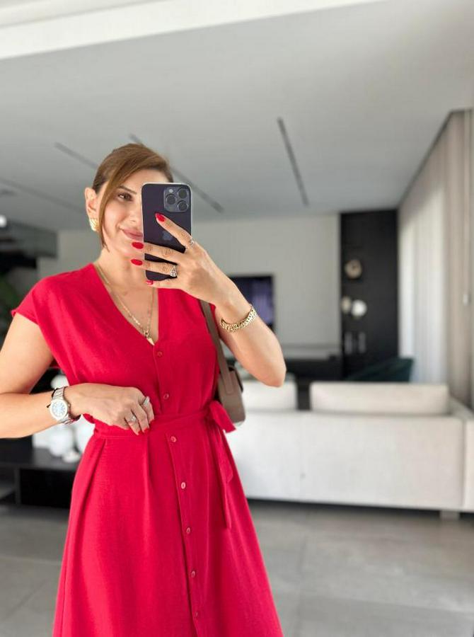 Kadınn V Yaka Düğme Detay Kuşak Dahil Elbise