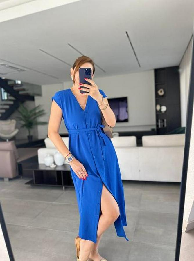 Kadınn V Yaka Düğme Detay Kuşak Dahil Elbise