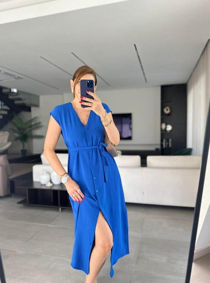 Kadınn V Yaka Düğme Detay Kuşak Dahil Elbise