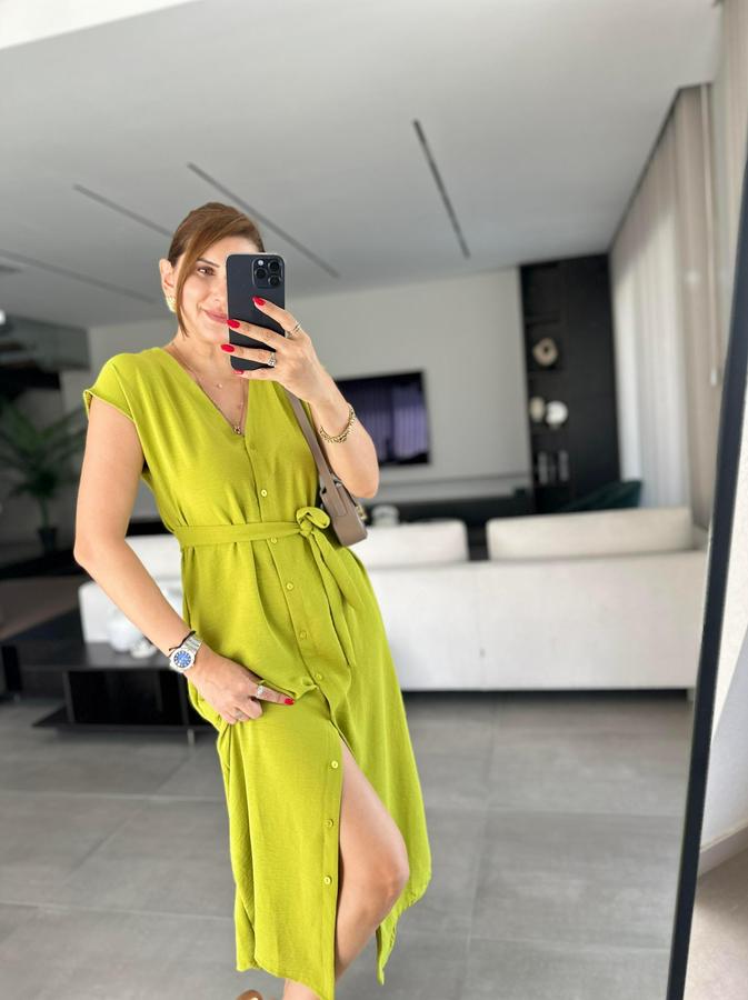 Kadınn V Yaka Düğme Detay Kuşak Dahil Elbise