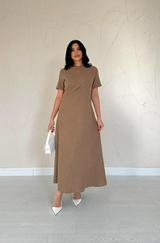 Kahverengi Pileli Bisiklet Yaka Elbise