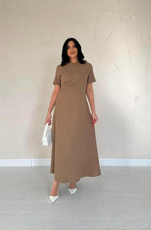 Kahverengi Pileli Bisiklet Yaka Elbise