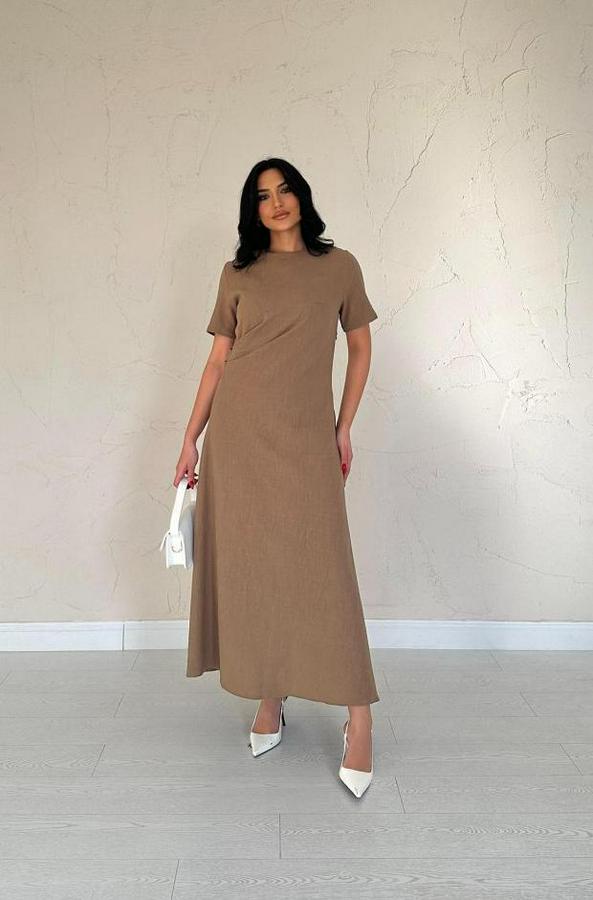 Kahverengi Pileli Bisiklet Yaka Elbise