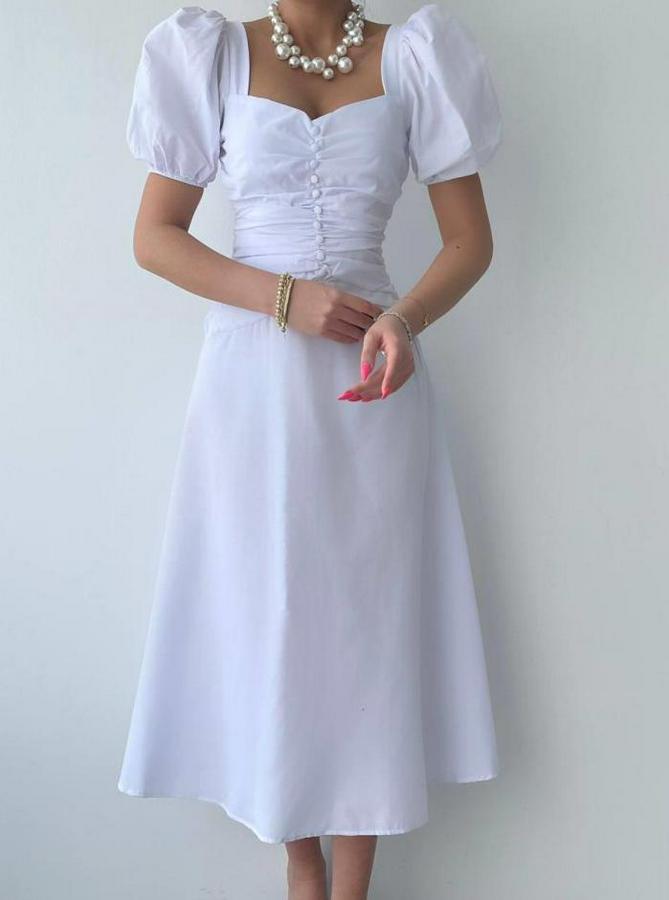 Kare Yaka Düğmeli Elbise