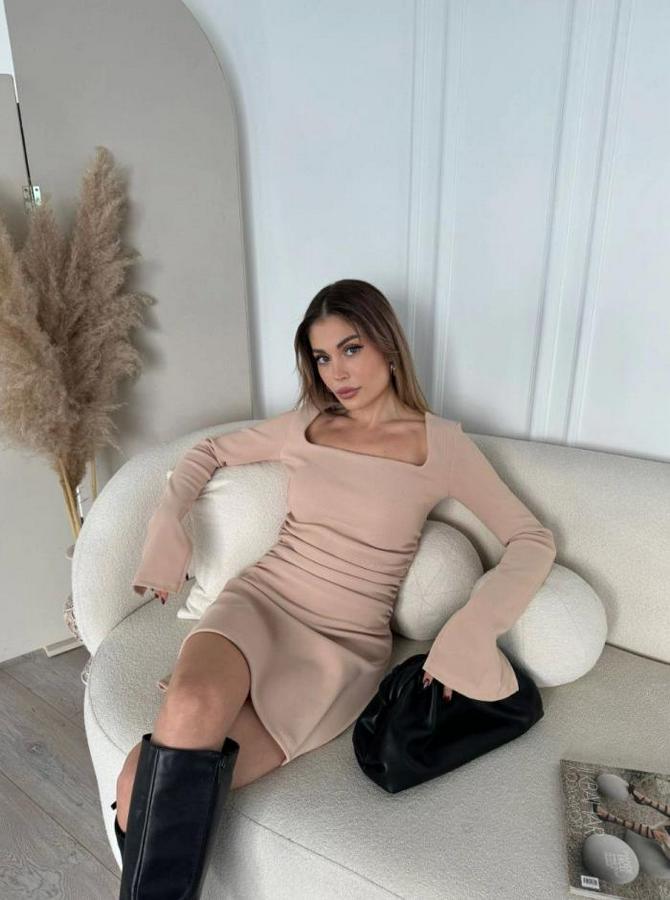 Kare Yaka Mını Boy Fitilli Elbise