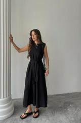 Keten Elbise Kolsuz Bel Bağlamali Maxi Elbise