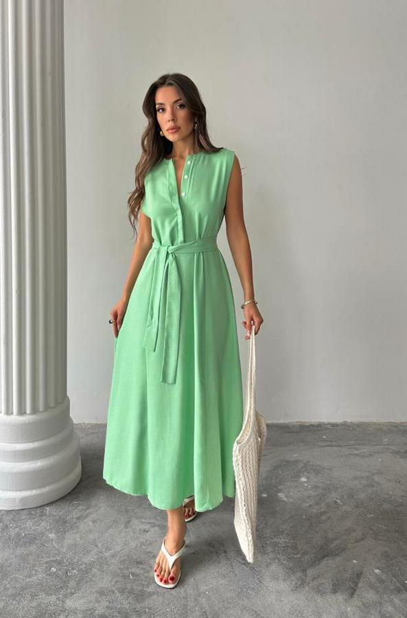 Keten Elbise Kolsuz Bel Bağlamali Maxi Elbise