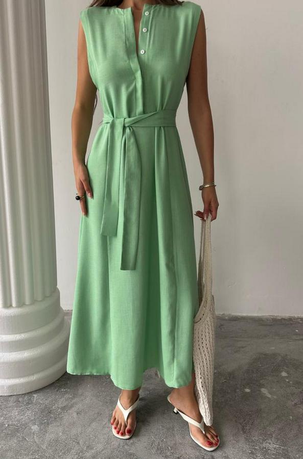 Keten Elbise Kolsuz Bel Bağlamali Maxi Elbise
