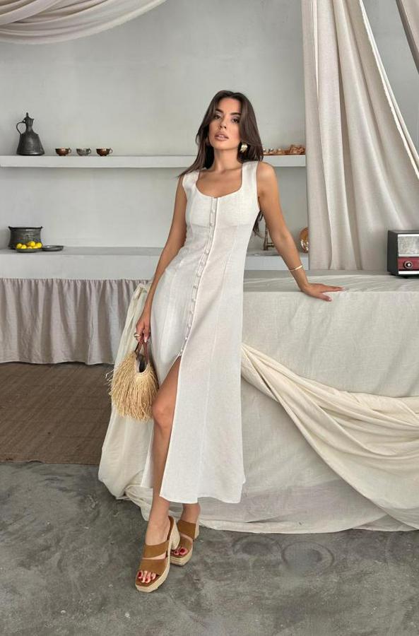 Keten Kolsuz Kare Yaka Düğme Detayli Elbise