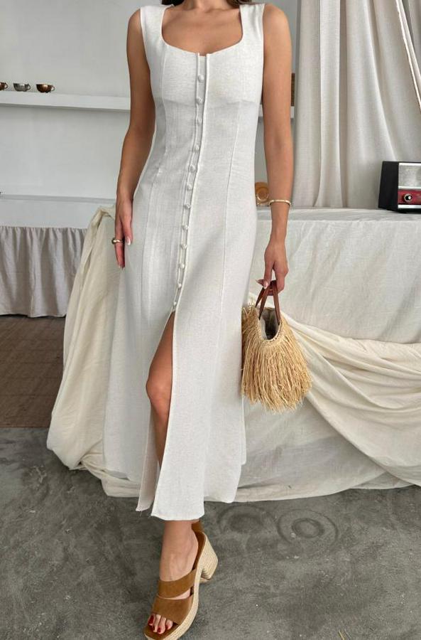 Keten Kolsuz Kare Yaka Düğme Detayli Elbise