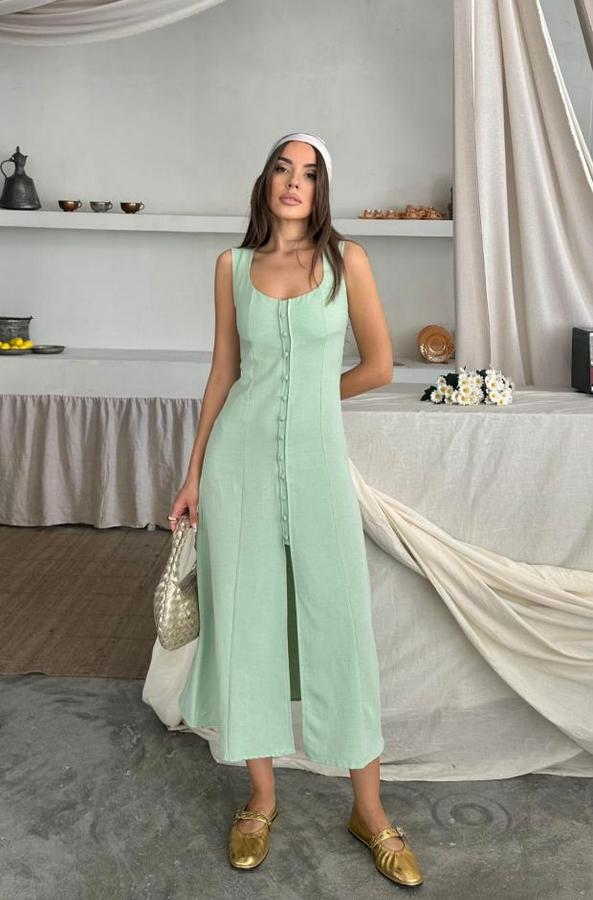 Keten Kolsuz Kare Yaka Düğme Detayli Elbise