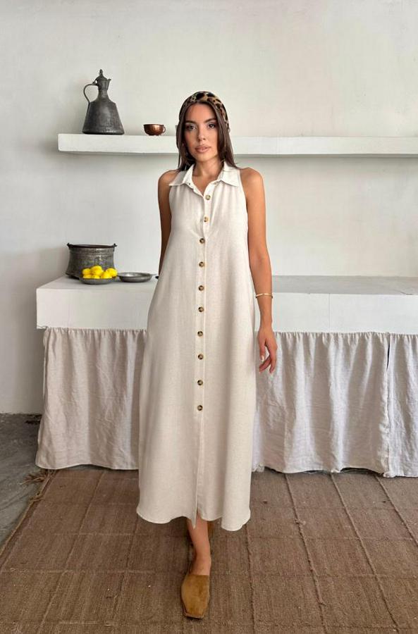 Keten Önden Düğmeli Kolsuz Gömlek Yaka Elbise