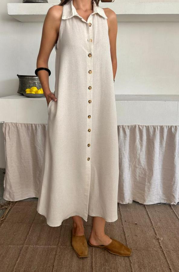Keten Önden Düğmeli Kolsuz Gömlek Yaka Elbise