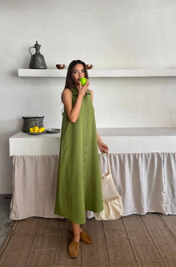 Keten Önden Düğmeli Kolsuz Gömlek Yaka Elbise