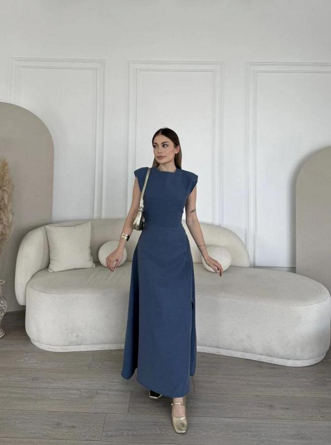 Keten Yandan Yırtmaçlı  Uzun Sıfır Kolsuz Elbise