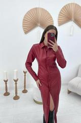 Kırmızı Boydan Düğmeli Deri Elbise