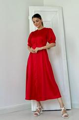Kırmızı Düğme Kapamalı Saten Elbise