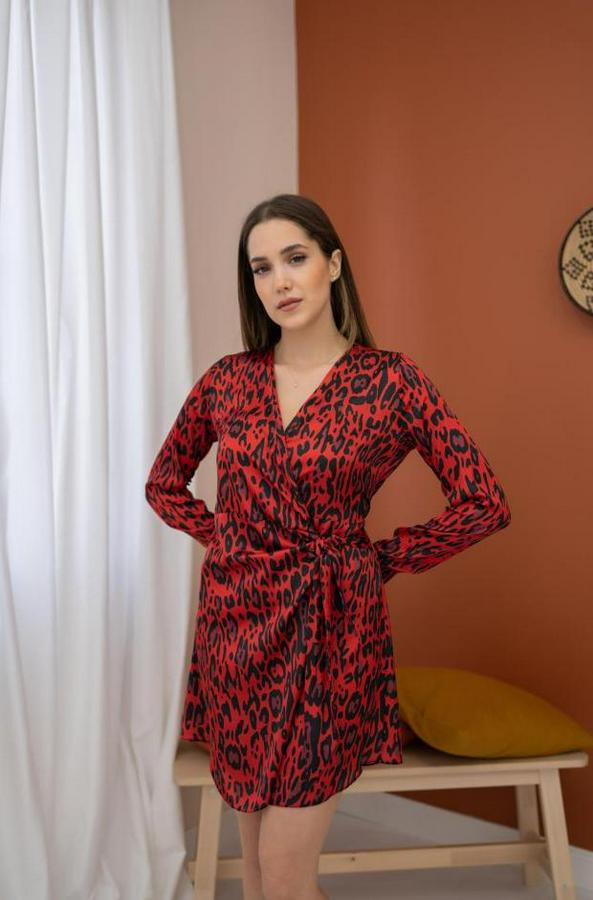Kırmızı Leopar Desenli Saten Elbise