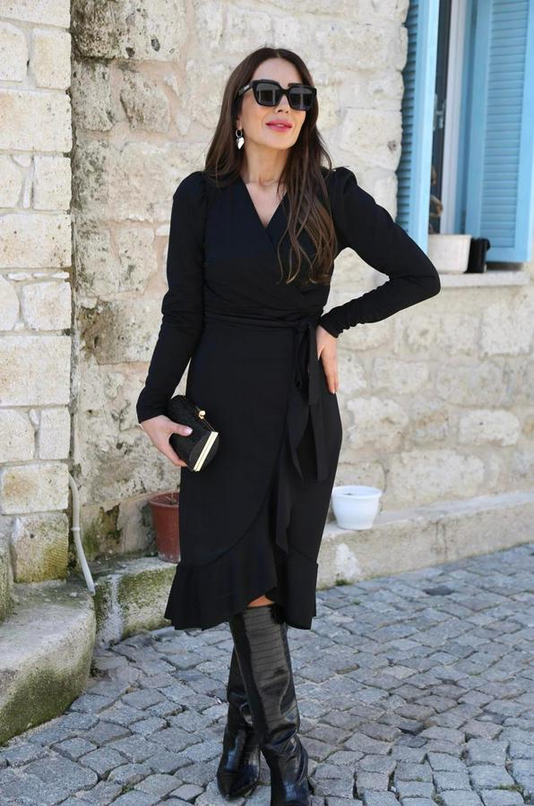 Krep Kumaş Midi Boy Kuşaklı Uzunkol Elbise 113 Cm