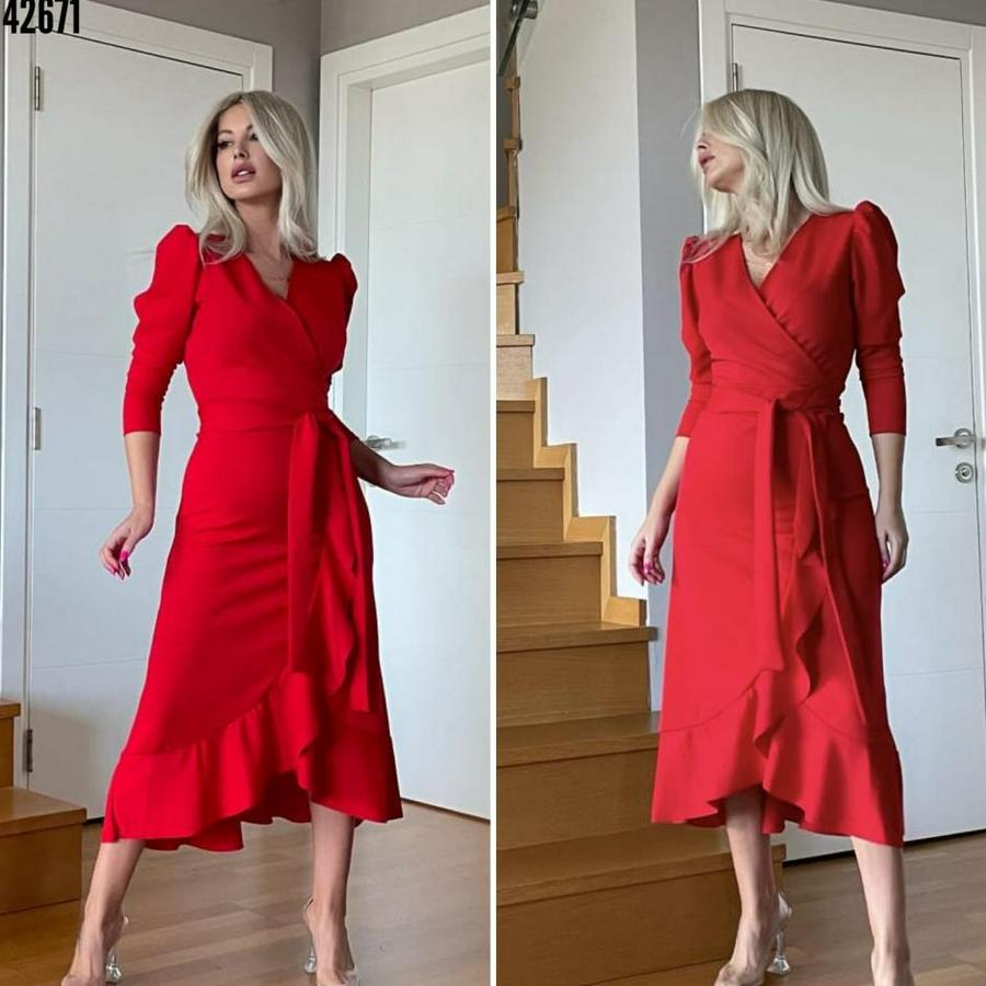 Krep Kumaş Midi Boy Kuşaklı Uzunkol Elbise