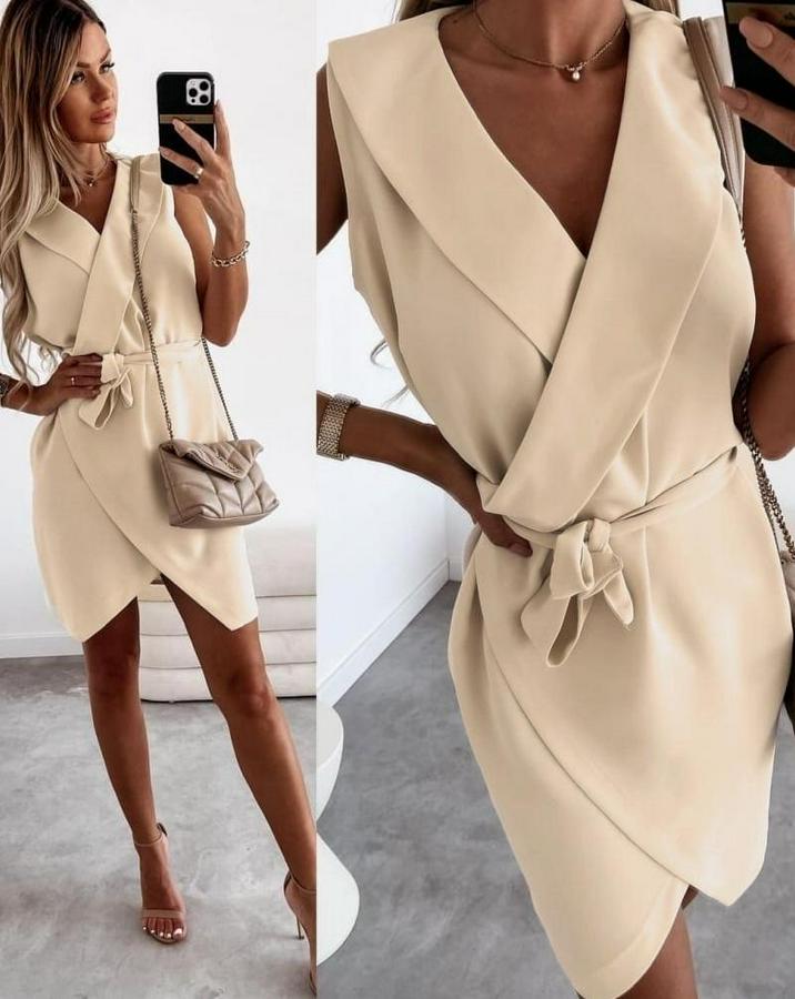 Kruvaze Yaka Kuşaklı Krep Kumaş Elbise