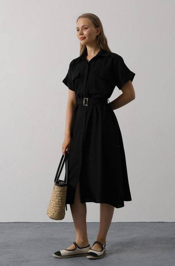 Kuşaklı Cep Detaylı Yarım Kol Elbise