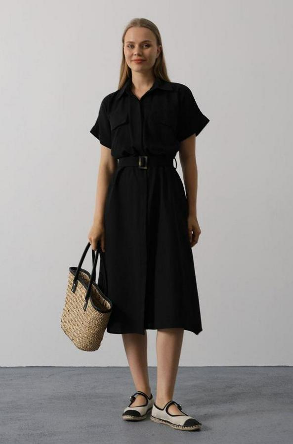 Kuşaklı Cep Detaylı Yarım Kol Elbise