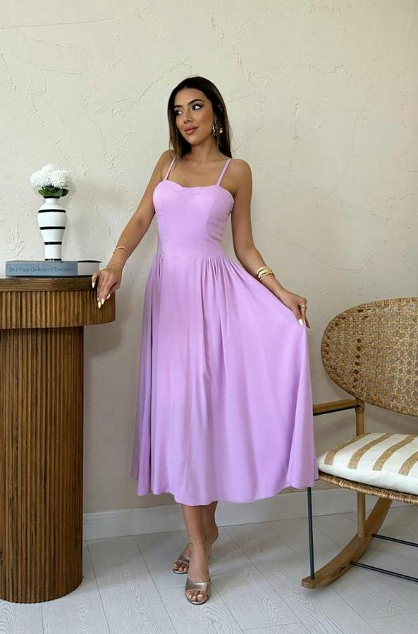 Lila Göğüs Kuplu Uzun Büzgülü Elbise