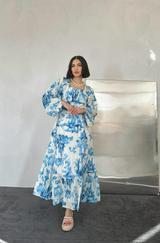 Mavi Arkası Gipeli Uzun Elbise