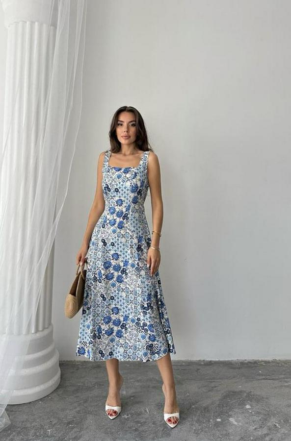 Mavi Çiçekli Viskon Elbise