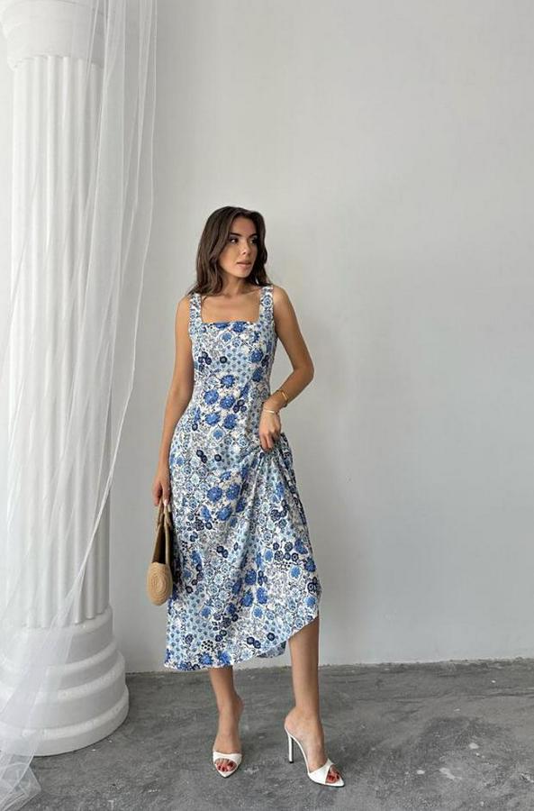 Mavi Çiçekli Viskon Elbise