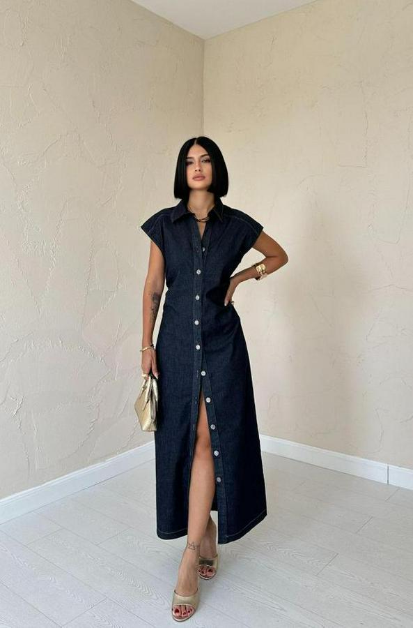 Mavi Kolsuz Vatkalı Elbise