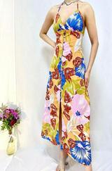 Mavi Sırt Dekolteli Keten Elbise