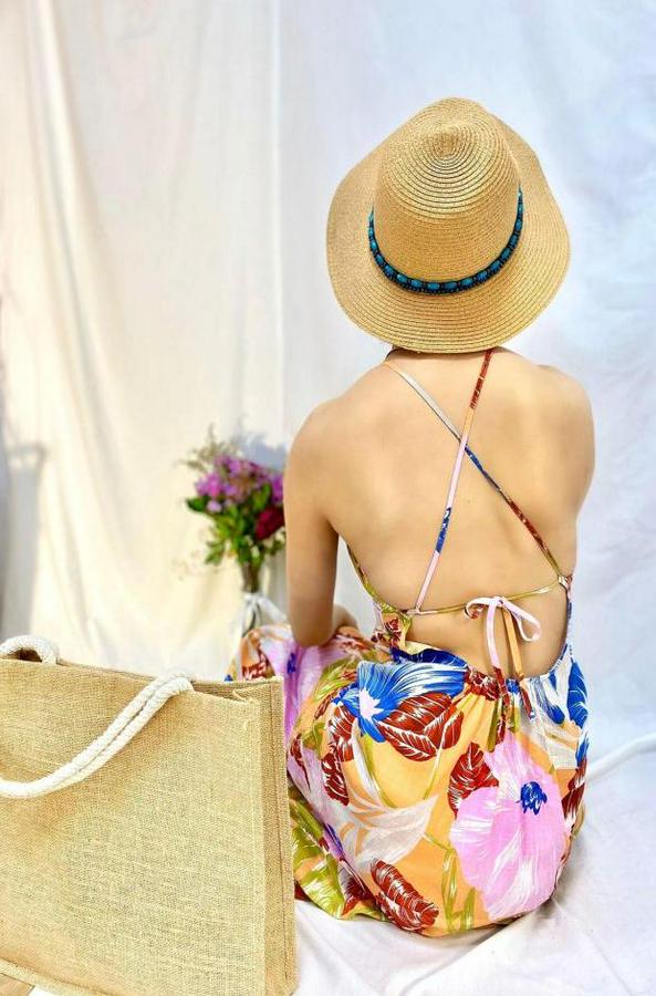 Mavi Sırt Dekolteli Keten Elbise