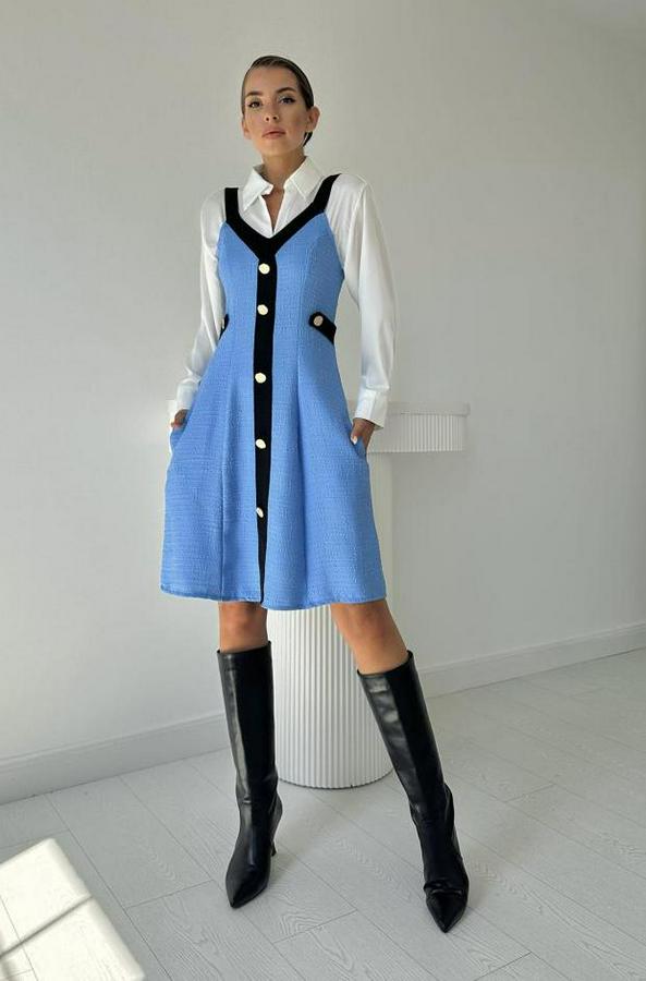 Mavi Siyah Süs Cepli Askılı Elbise