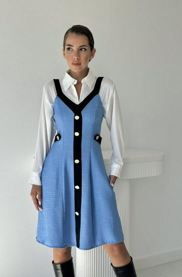 Mavi Siyah Süs Cepli Askılı Elbise