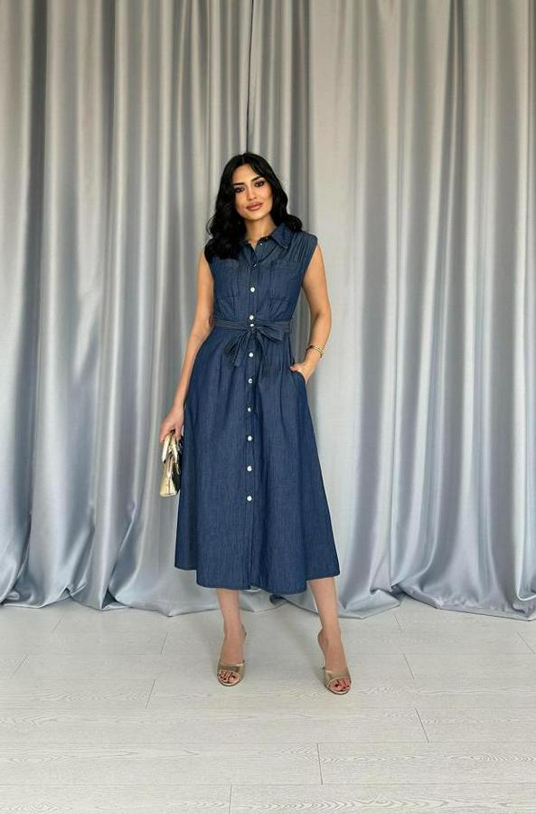 Mavi Tencel Çıtçıtlı Elbise