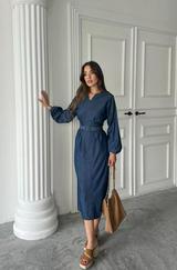 Mavi Tencel Uzun Kollu Elbise