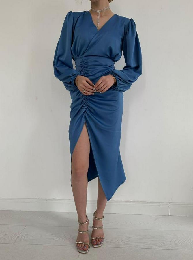 Mavi V Yaka Saten Elbise