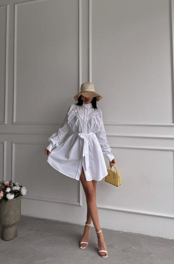 Önden Düğmeli Poplin Kloş Elbise Bağlama Kemer Detayli