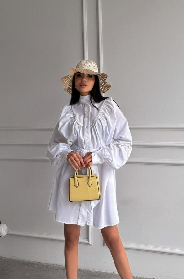 Önden Düğmeli Poplin Kloş Elbise Bağlama Kemer Detayli