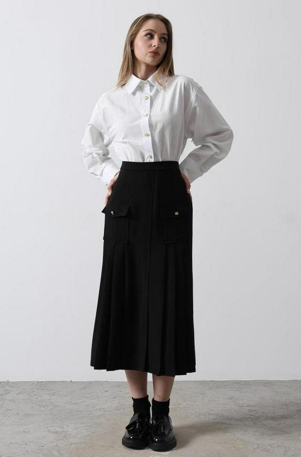 Pileli Kontrast Gömlek Elbise