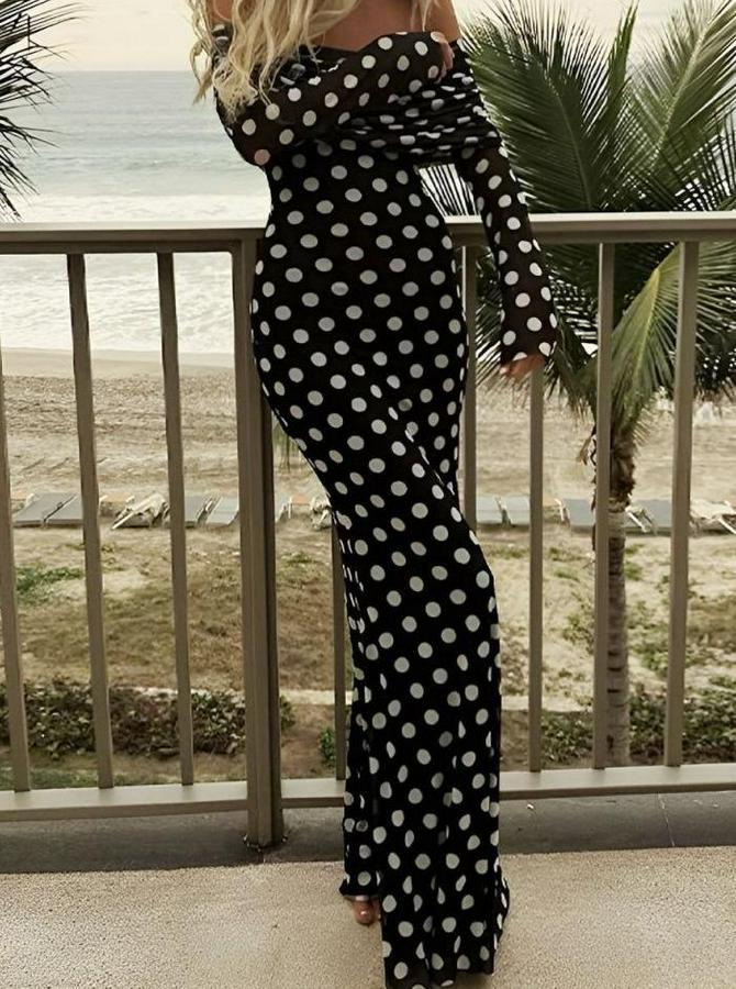 Puantiyeli Tül Içi Astarlı Madonna Yaka Maxi Boy Elbise