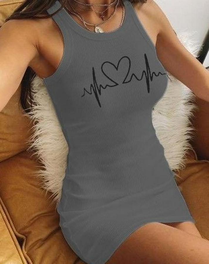 Ritim Kalp Baskılı Sıfır Kol Kaşkorse Elbise