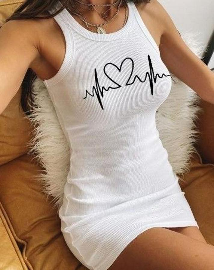 Ritim Kalp Baskılı Sıfır Kol Kaşkorse Elbise