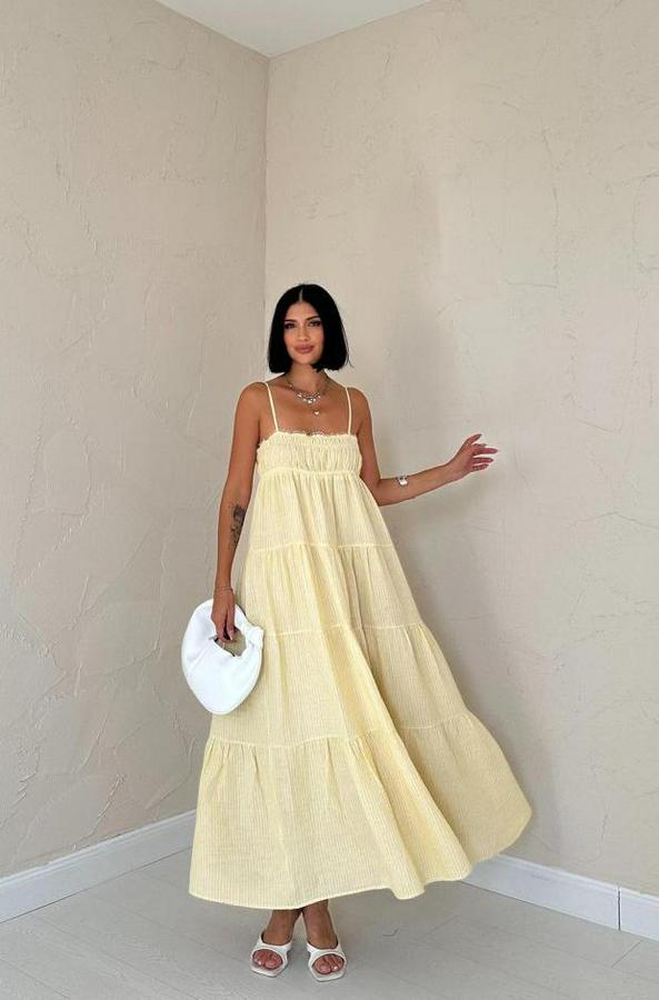 Sarı Askılı Parçalı Çizgili Müslin Elbise