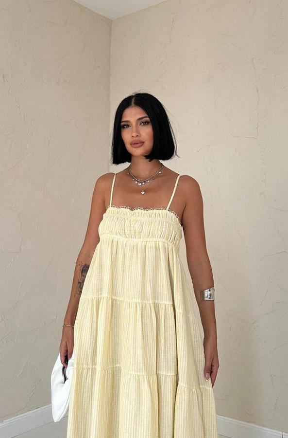 Sarı Askılı Parçalı Çizgili Müslin Elbise