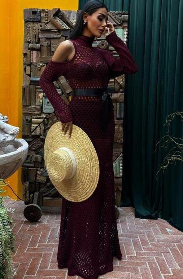 Saten Kuşaklı Ajurlu Triko Elbise 2847