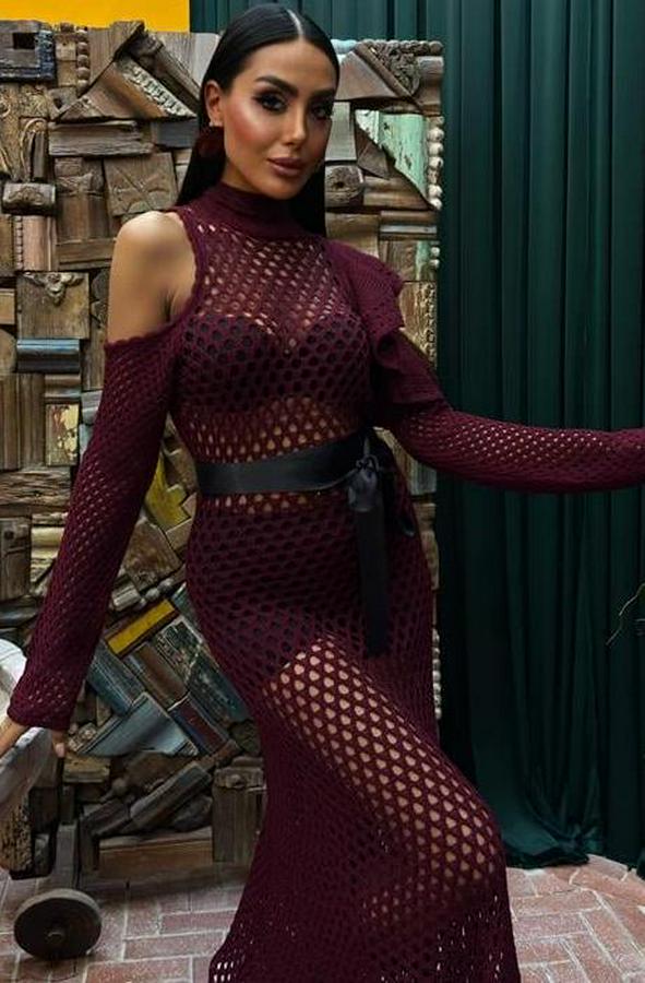 Saten Kuşaklı Ajurlu Triko Elbise 2847