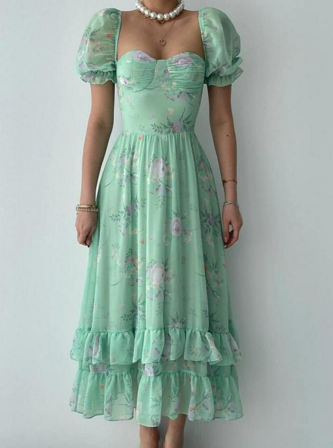 Şifon Kumaş Dijital Desen Baskili Elbise